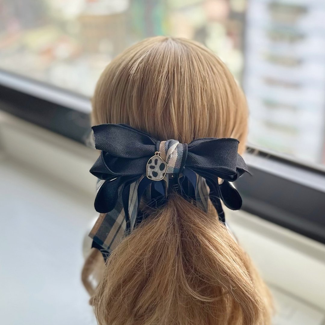 立体拷边格纹蝴蝶结相交夹香蕉夹仙女夹发夹-深蓝色 - 发饰 - 其他材质 蓝色