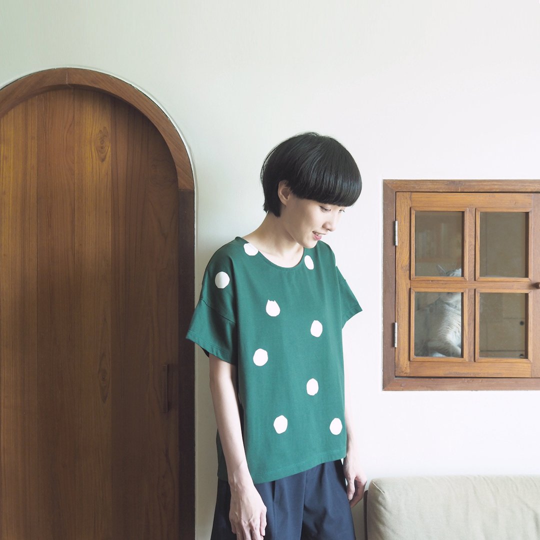 polka dot cat crop t-shirt : green - 女装上衣 - 棉 绿色