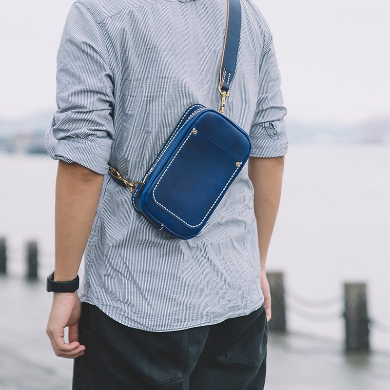 【切线派】纯手缝植鞣头层牛皮真皮胸包腰包单肩斜挎简约复古男包 - 侧背包/斜挎包 - 真皮 蓝色