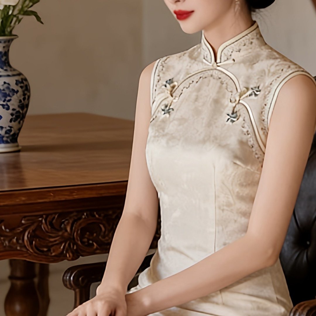 復古米色 新中式立領無袖刺繡旗袍 優雅盤扣洋裝 婚禮禮服裙 - 旗袍 - 其他人造纤维 白色