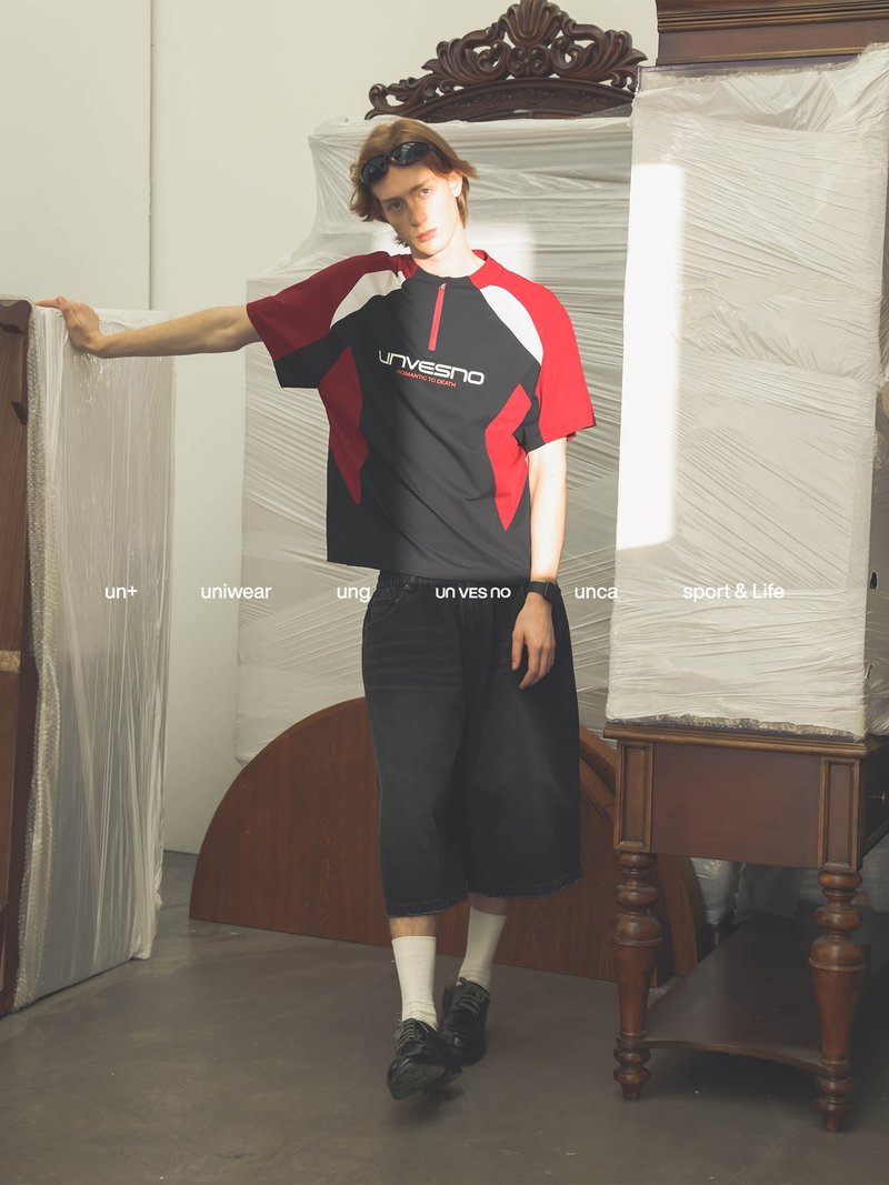 Unvesno(UN)复古运动7A抗菌防嗮速干短袖骑行跑步半拉链训练服T恤 - 男装上衣/T 恤 - 其他材质 