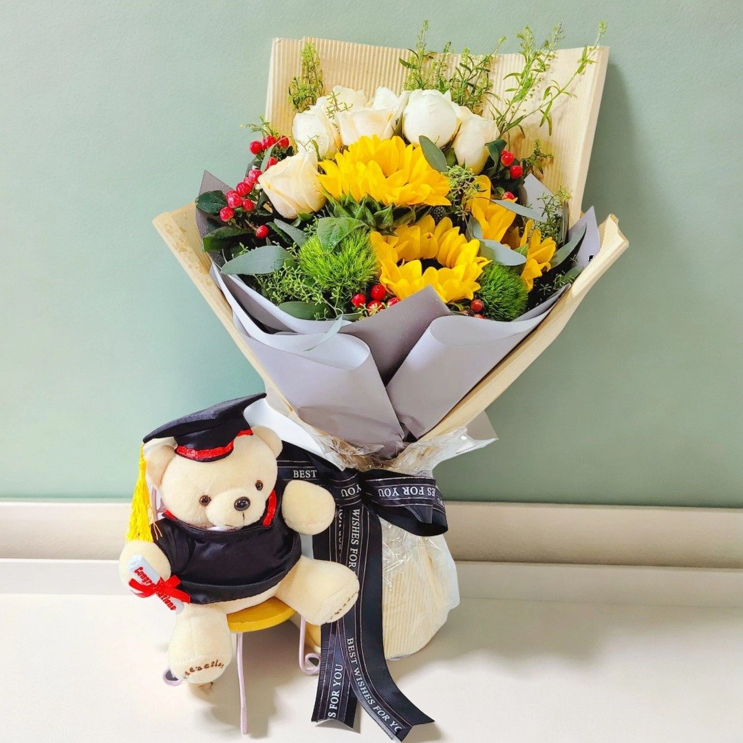 毕业公仔花束 (向日葵、香槟玫瑰及衬花) GF00176 - 植栽/盆栽 - 植物．花 