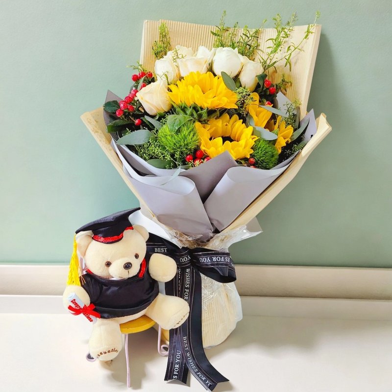 毕业公仔花束 (向日葵、香槟玫瑰及衬花) GF00176 - 植栽/盆栽 - 植物．花 