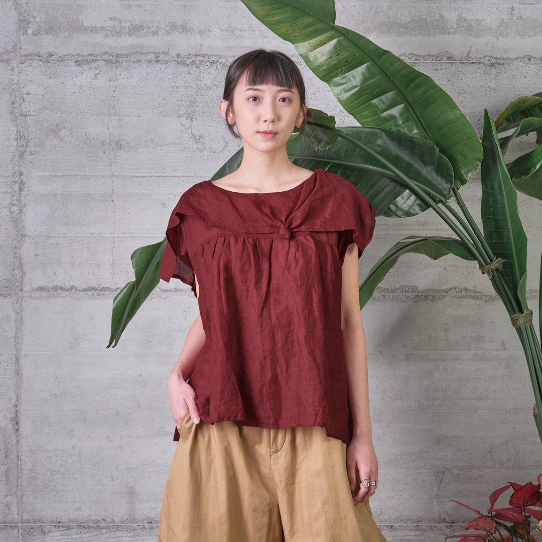 如风不对称披领苎麻上衣 - 女装上衣 - 棉 红色