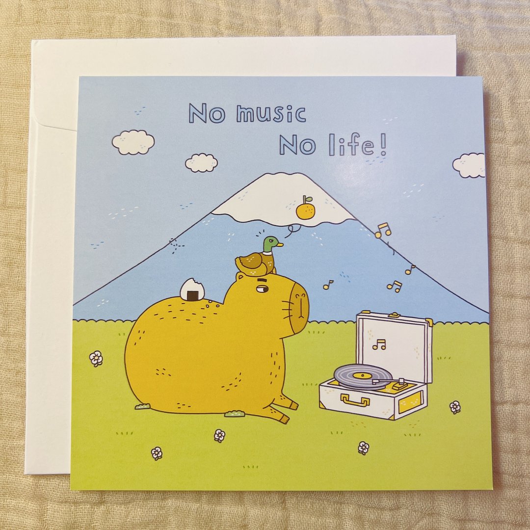 水豚 No music no life 明信片 附信封&贴纸 - 卡片/明信片 - 纸 蓝色