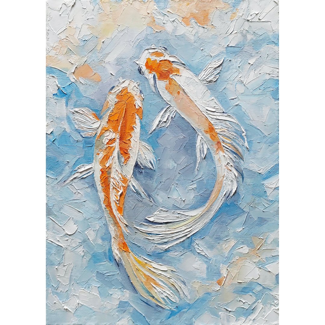 锦鲤 / 鱼 / 画 / 手绘 / 原始绘画 / 油画 / 金鱼 / 鲤鱼 / 绘画 - 海报/装饰画/版画 - 其他材质 蓝色