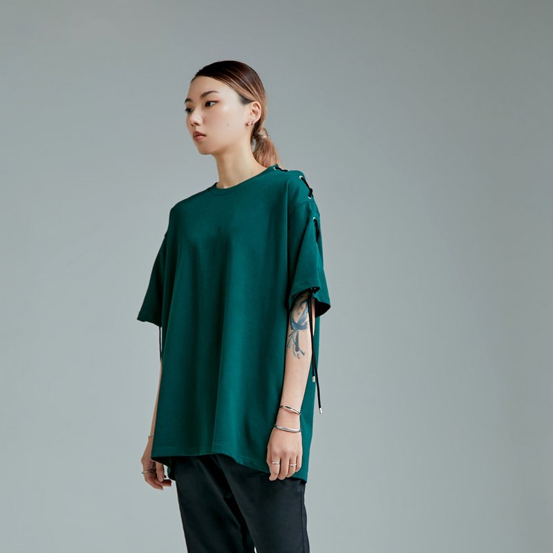 侧肩镂空绑带T恤 - 女装 T 恤 - 棉．麻 绿色