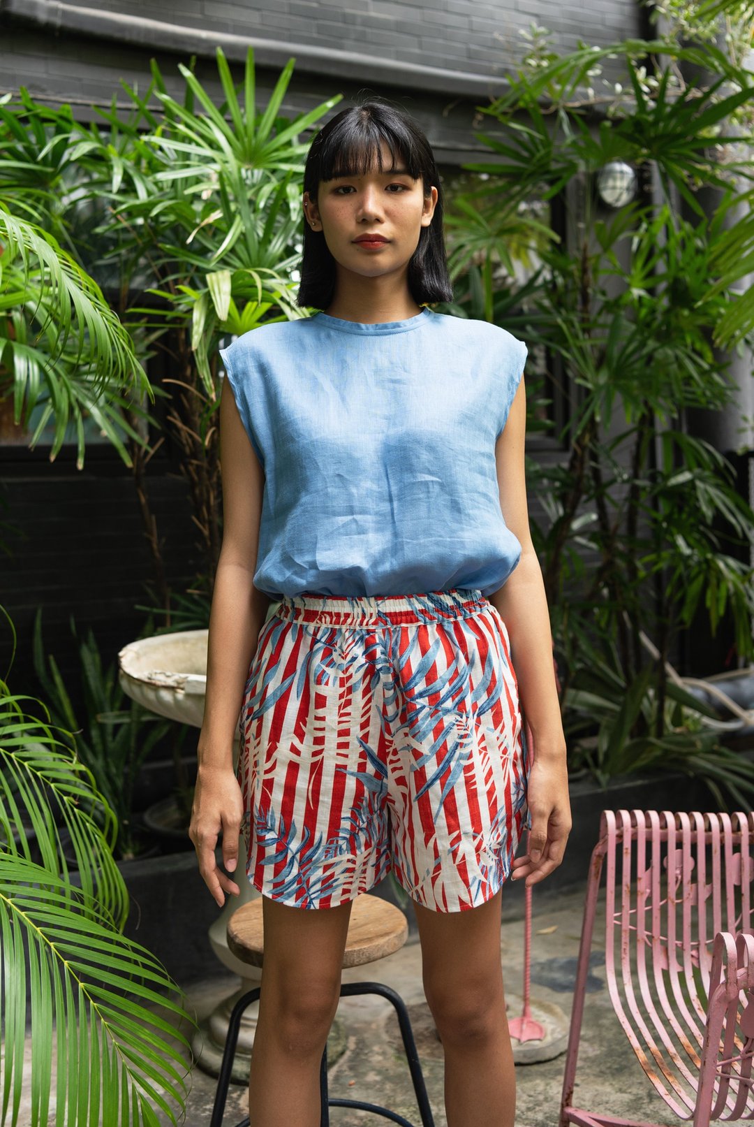 Drawstring Shorts, Side Binding Decoration, Cotton Linen Prints, Vintage style - 女装短裤 - 棉 红色