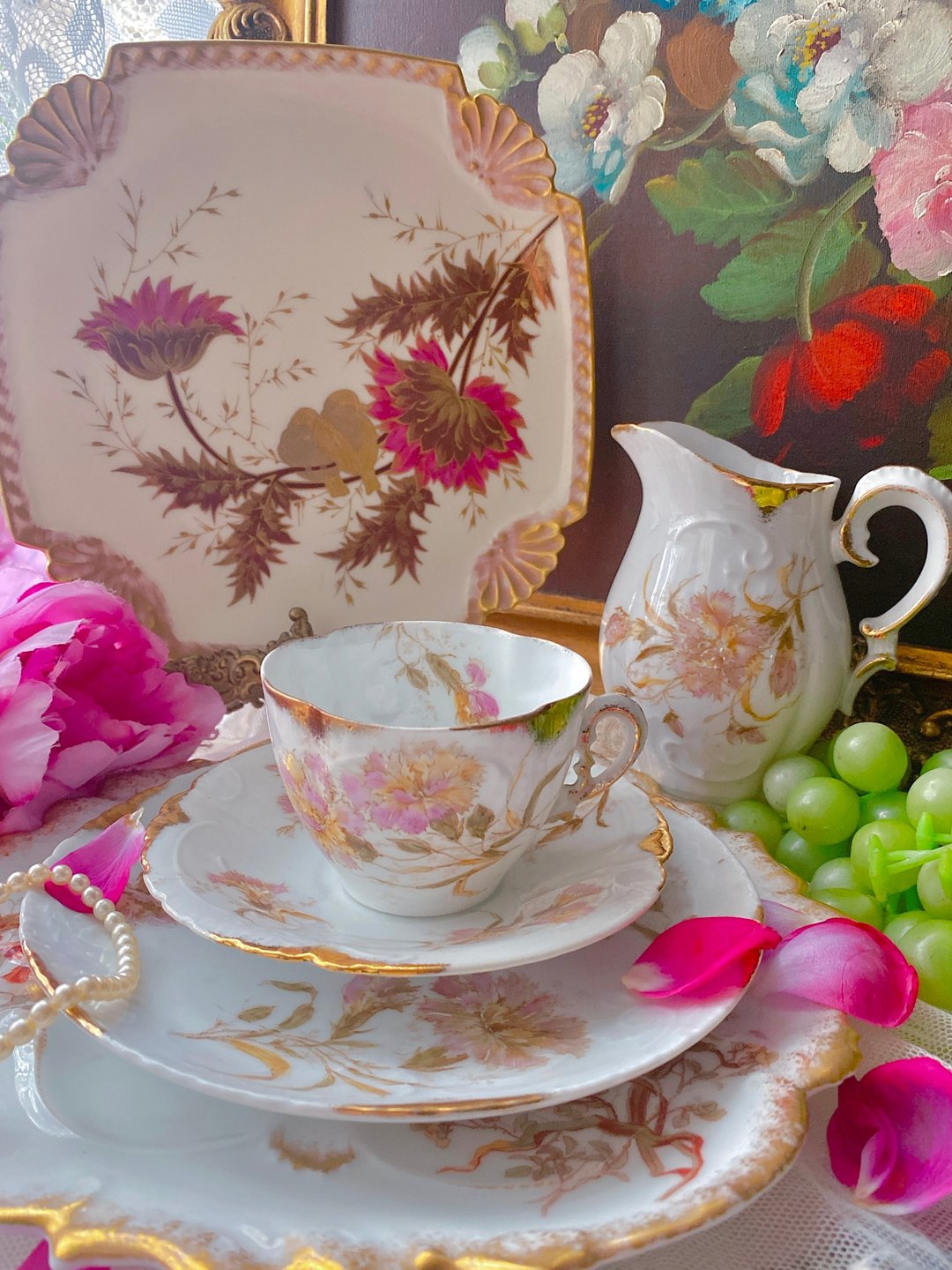 英国制1891年维多莉雅时期手绘康乃馨古董花茶杯咖啡杯两件组 - 茶具/茶杯 - 瓷 