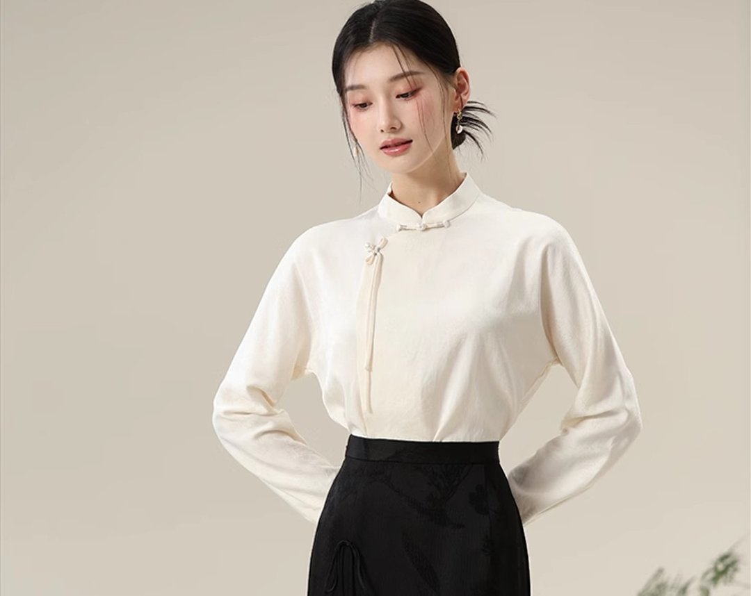 新中式中国风 盘扣提花缎面醋酸 上衣/半裙 - 女装上衣 - 其他材质 白色
