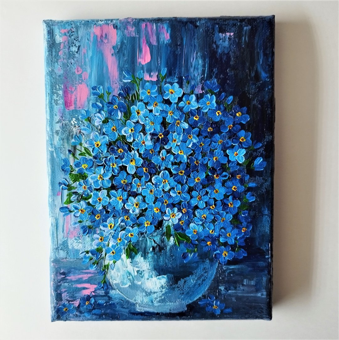 Textured Bouquet Art: Handmade Blue Flower Acrylic Painting on Canvas - 墙贴/壁贴 - 压克力 蓝色