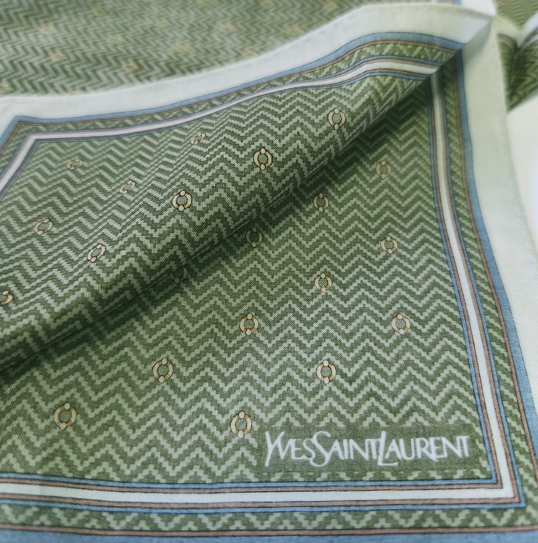 Yves Saint Laurent 古董手帕 人字纹几何 19 x 18.5 英寸 - 手帕/方巾 - 棉 绿色