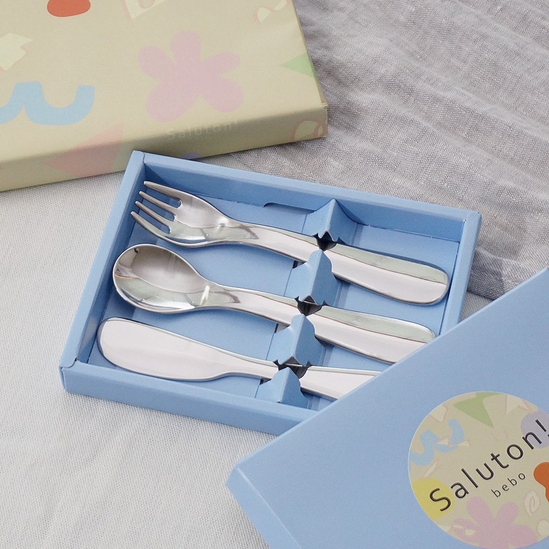 saluton! bebo Baby Cutlery 3pcs Gift Set Present Spoon Fork Knife Cute Japan - 餐刀/叉/匙组合 - 不锈钢 银色
