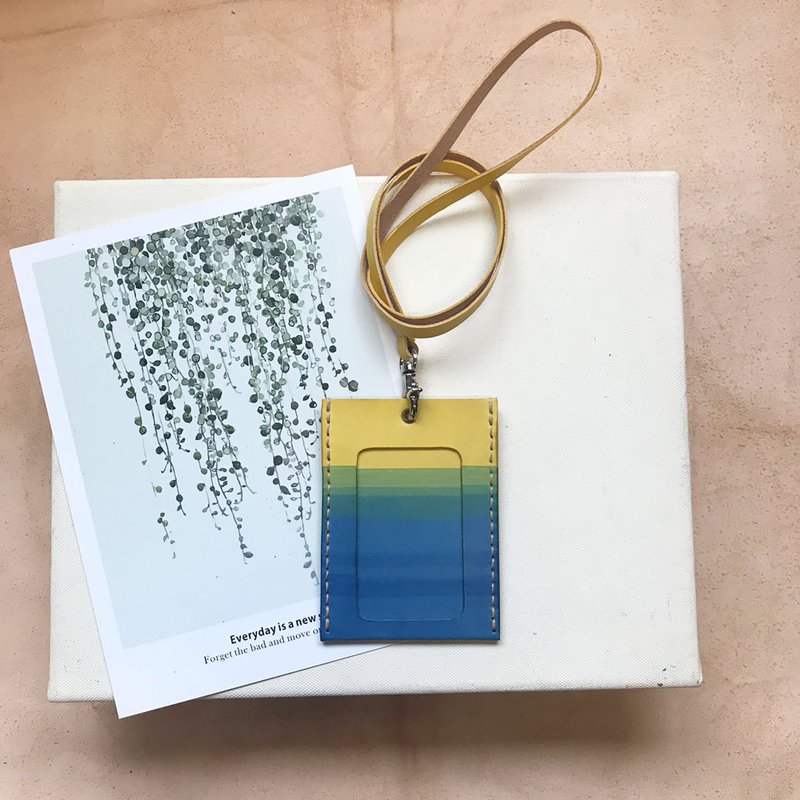 识别证卡套+颈带_直式_双卡层_暖黄渐层天空蓝 - 证件套/卡套 - 真皮 黄色