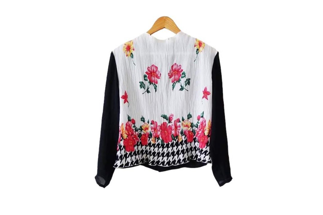 Vintage Black and white pleated blouse with florals and houndstooth printed - 女装上衣 - 聚酯纤维 多色
