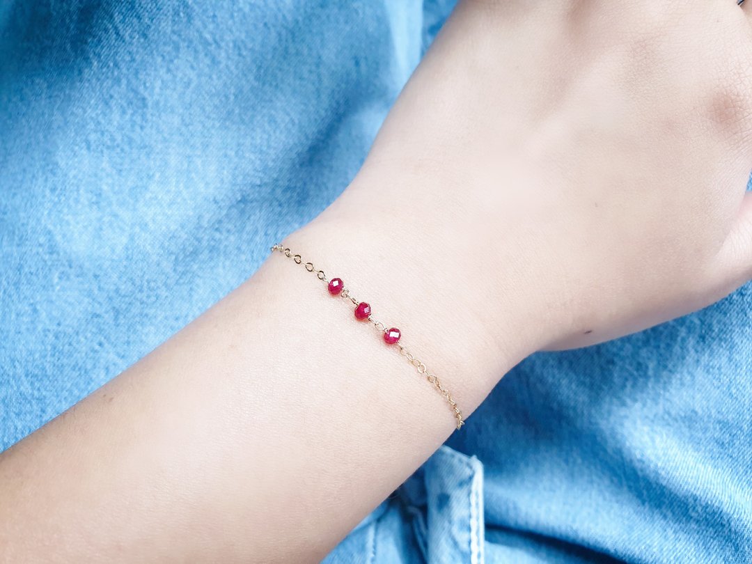 小清新 Ruby 迷你红宝石手链/脚链 可调长度 SV925/14KGF - 手链/手环 - 半宝石 红色