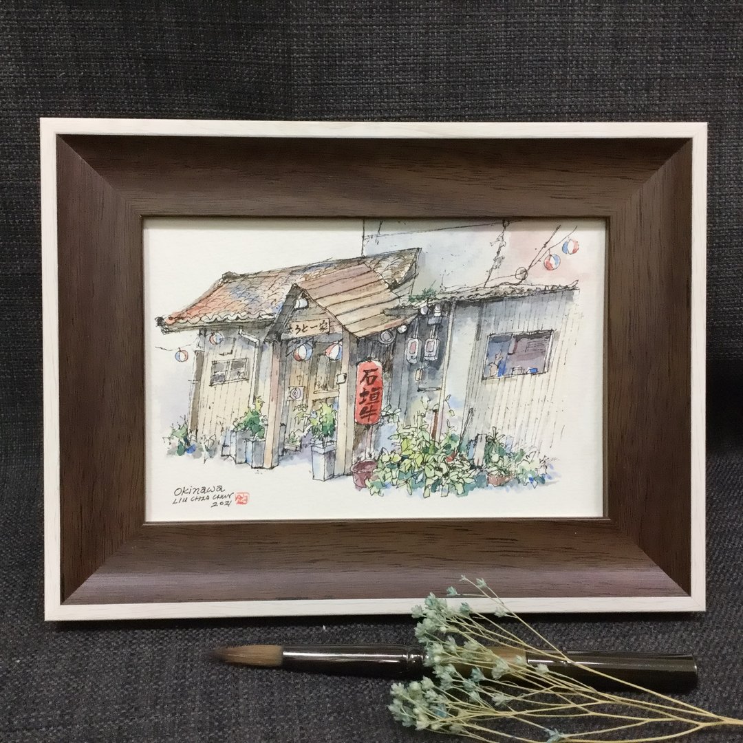 冲绳石垣牛小店/手绘原创水彩画/含框 - 海报/装饰画/版画 - 纸 咖啡色