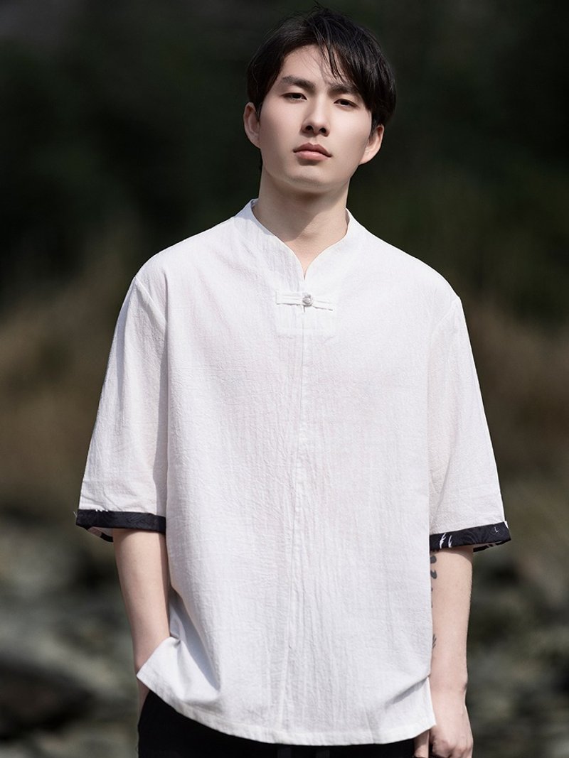 新中式复古 亚麻盘扣短袖衬衫 中国风唐装 - 男装上衣/T 恤 - 其他材质 多色