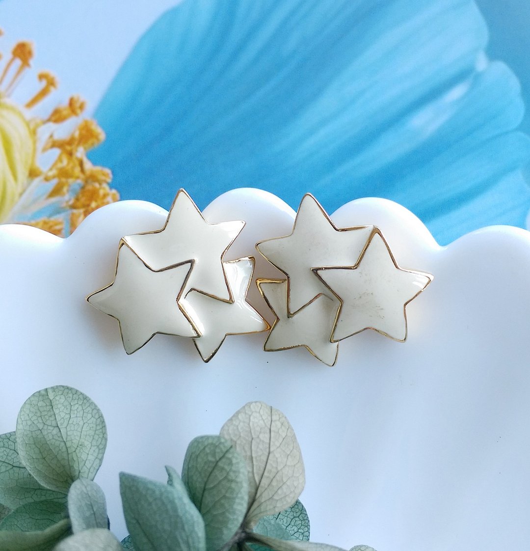 Vintage Jewelry 西洋古董饰品 复古 简约 白珐琅 星星 针式耳环 - 耳环/耳夹 - 其他金属 透明
