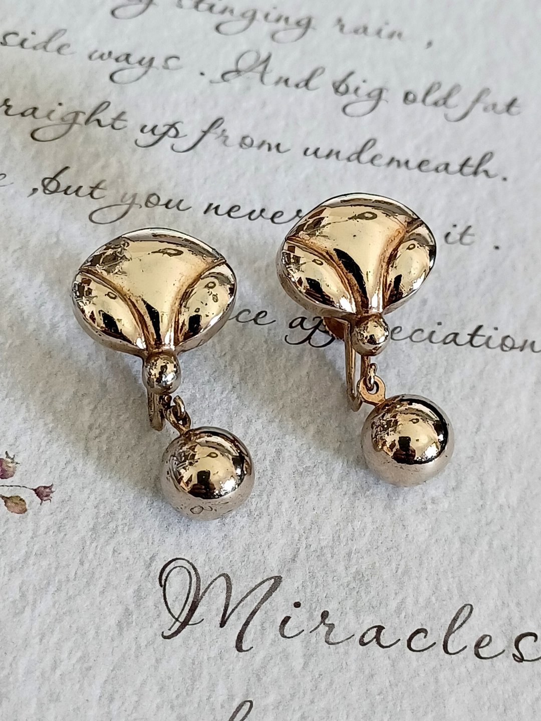 vintage jewelry Sperry 立体艺术金球吊饰 夹式耳环 - 耳环/耳夹 - 其他金属 
