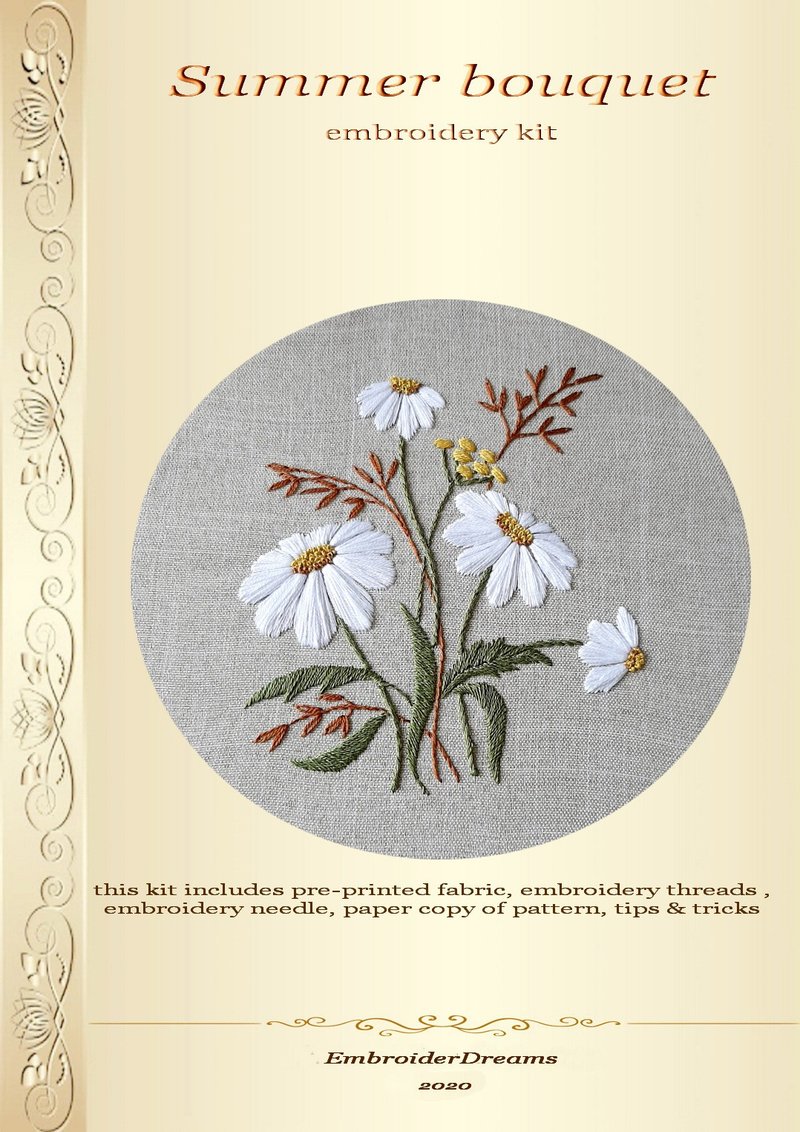 手工刺繡套件 Daisies hand embroidery kit. - 编织/刺绣/羊毛毡/裁缝 - 绣线 多色