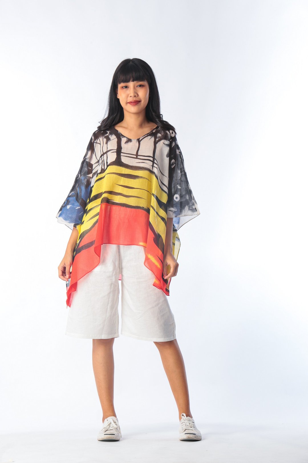 Poncho Blouse Cotton Voie Hand paint For Summer Beach Vacati - 女装上衣 - 棉 黑色