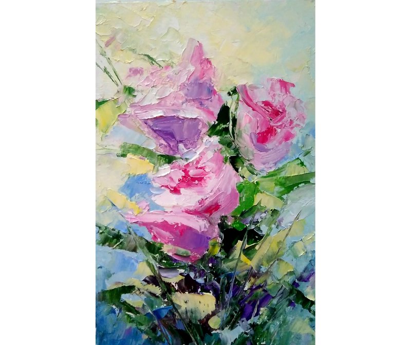 Pink Flowers Original Painting, Miniature Floral Artwork, Roses Wall Art - 海报/装饰画/版画 - 其他材质 多色