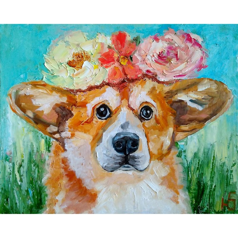 Dog Original Painting, Corgi Dog Art, Funny Pet Portrait, Animalistic Wall Art - 海报/装饰画/版画 - 其他材质 多色