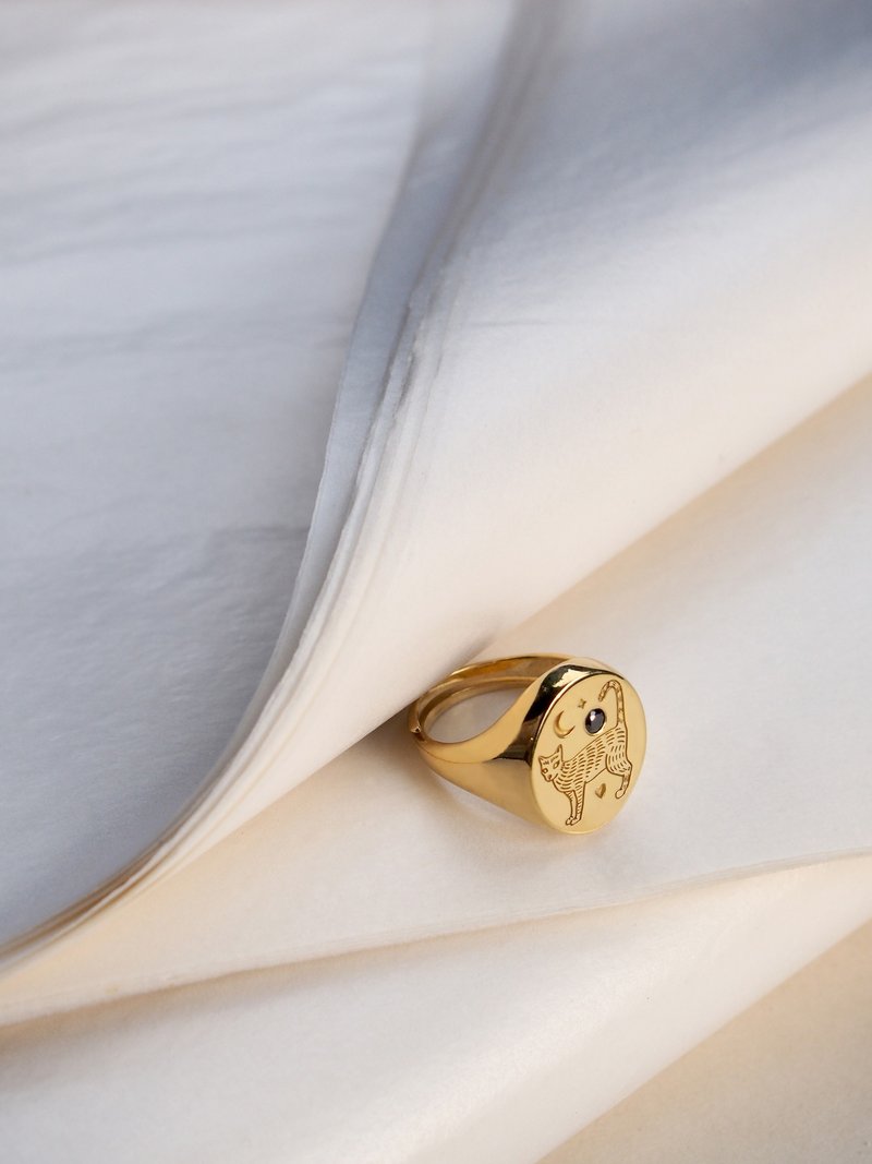 猫咪站立印记戒指，925 纯银，猫咪印记戒指。 - 戒指 - 纯银 银色