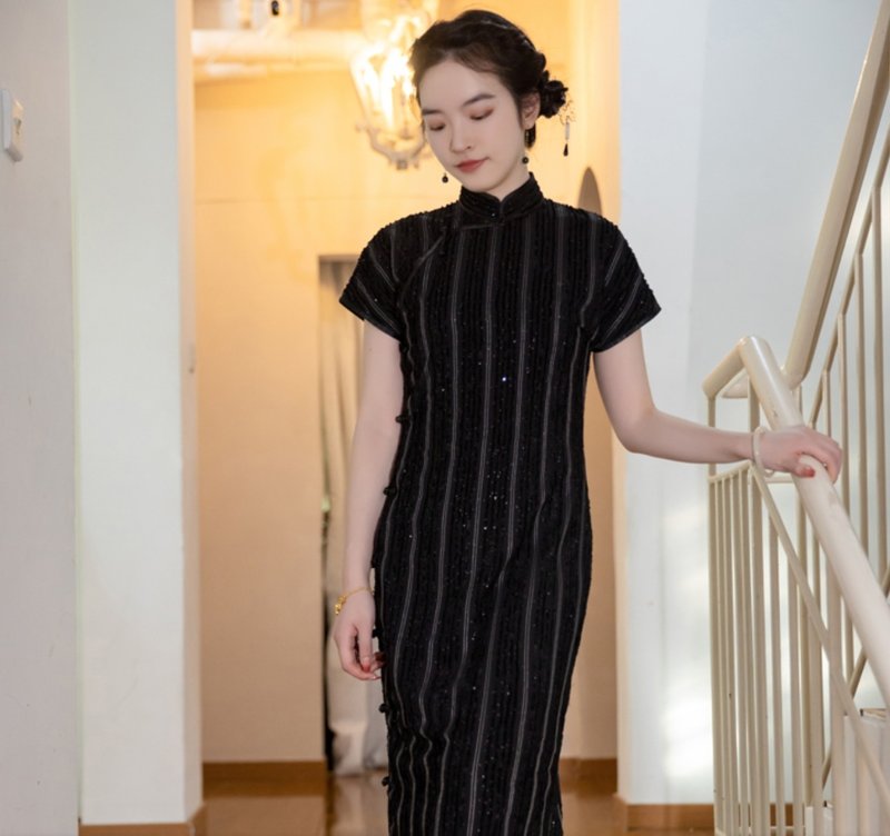 星河漫缕 新中式复古 高端宴会古法旗袍 - 旗袍 - 聚酯纤维 黑色