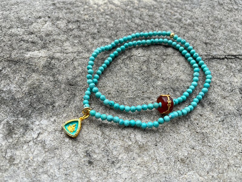 3mm天然绿松石 珐琅彩黄财神小坠设计项链多圈手链手串s - 手链/手环 - 宝石 蓝色