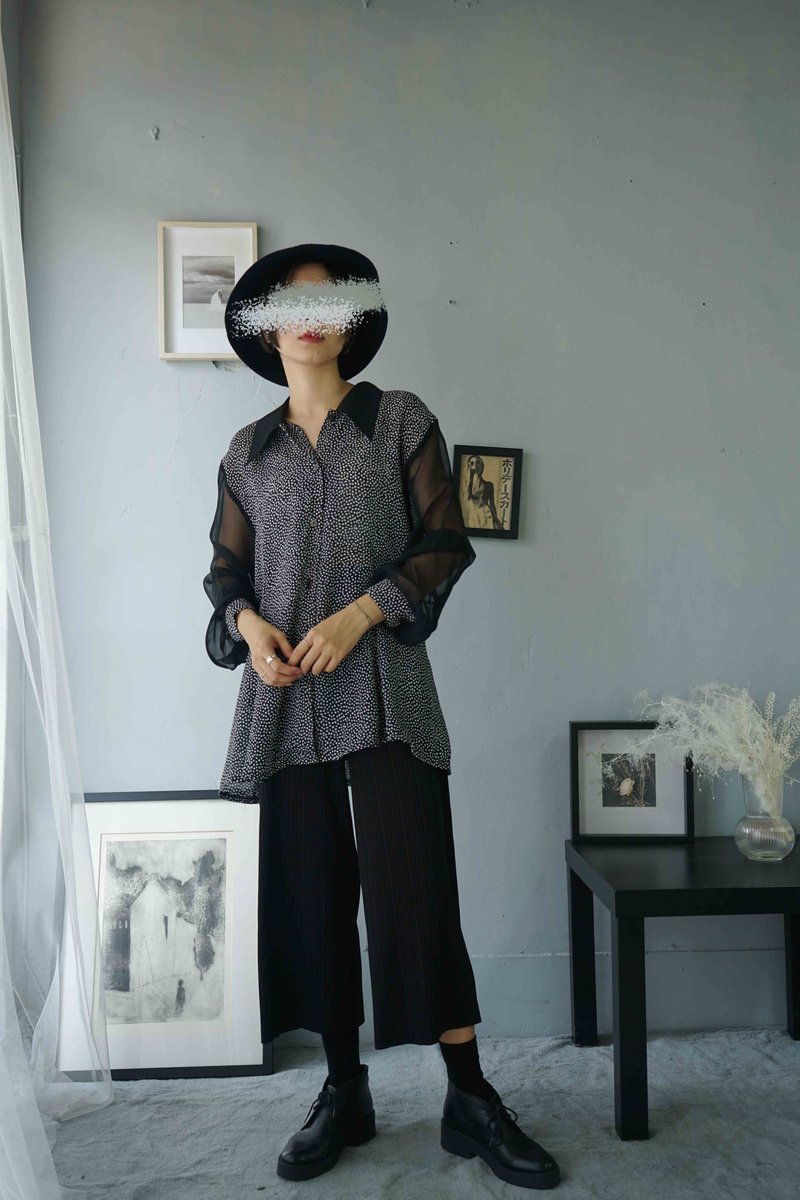 寻宝古着-黑白点尖领透肤雪纺复古飘逸衬衫 - 女装衬衫 - 聚酯纤维 黑色