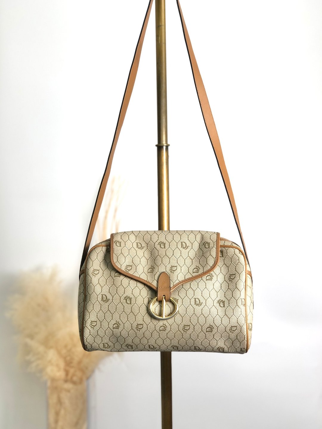 【VintageShop solo 日本直送中古包专卖店】Christian Dior クリスチャン ディオール 蜂巢图案 帆布肩背包 米白色 PVC vintage x5m4cu - 侧背包/斜挎包 - 防水材质 咖啡色