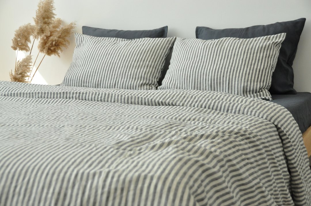 Striped linen duvet cover / Softened linen / Comforter cover / Quilt cover - 寝具 - 亚麻 白色