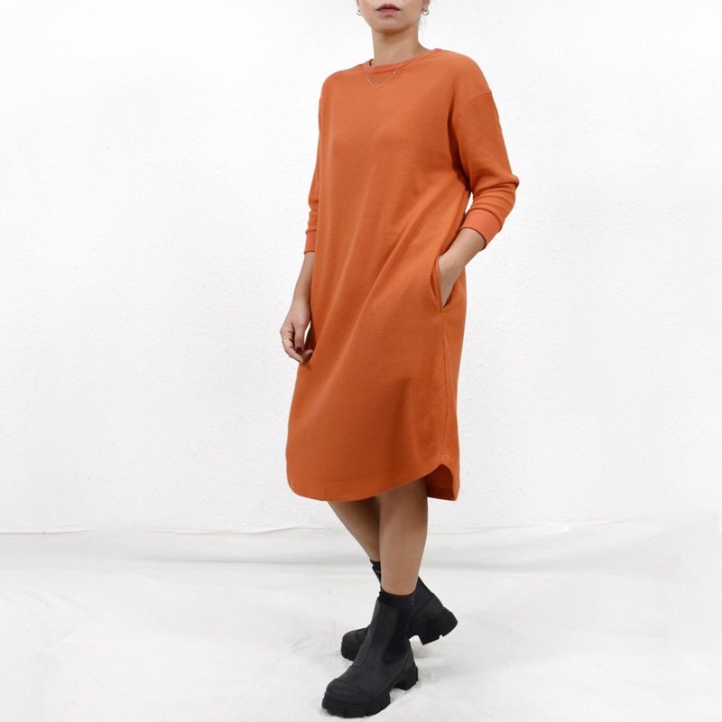 WAFFLE DRESS 深橘色 窝夫格针织 高端休闲 连衣裙 - 洋装/连衣裙 - 棉．麻 橘色
