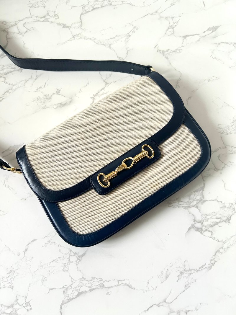 【特选货品】Celine海军蓝拼白色马车金扣皮革单肩侧背斜孭包手袋 - 侧背包/斜挎包 - 真皮 蓝色