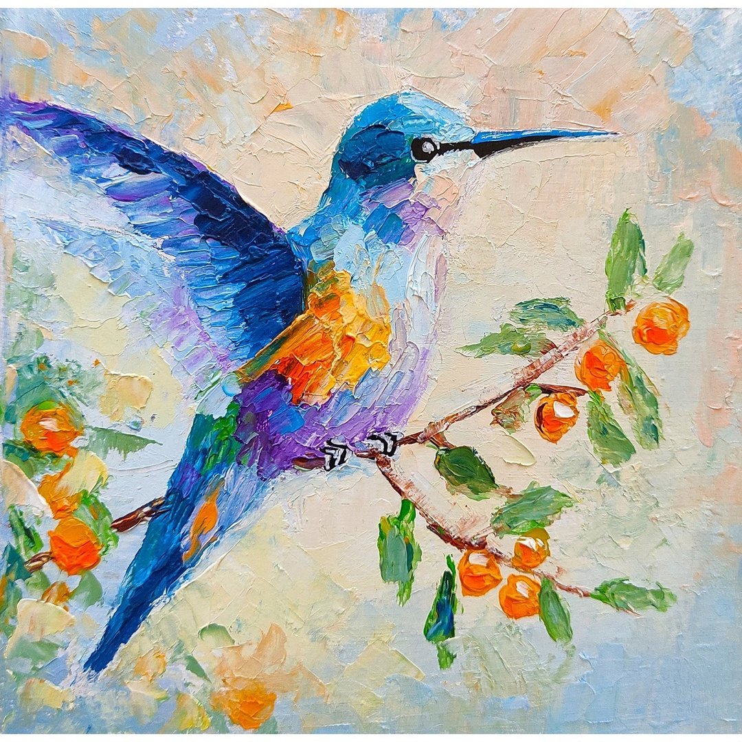 蜂鸟原画树枝上的雀微型油画艺术品 油画, 油画原 - 海报/装饰画/版画 - 其他材质 多色