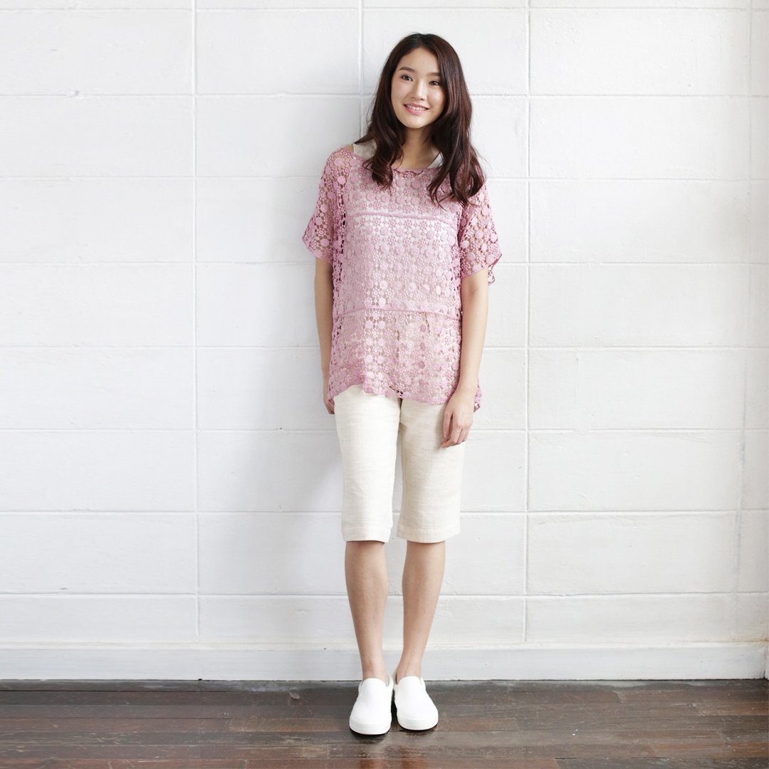 Pink Over-Size Tops Lace Cotton Camomile - 女装上衣 - 棉 粉红色