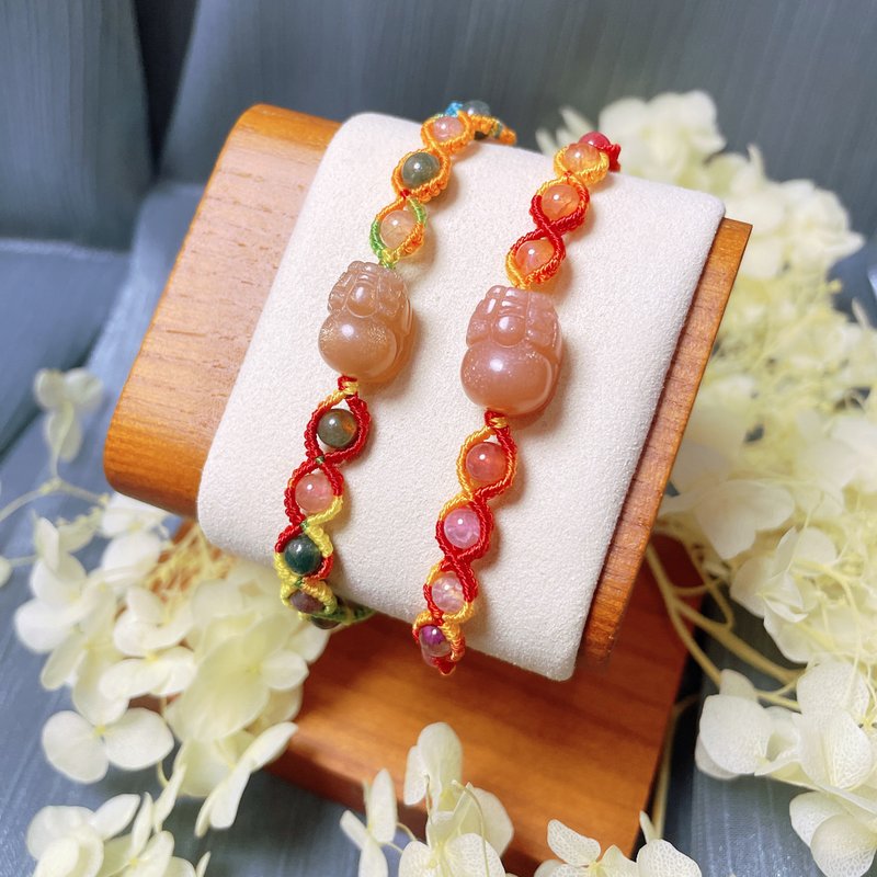 金太阳石迷你貔貅立体雕刻编珠手链 - 手链/手环 - 半宝石 橘色