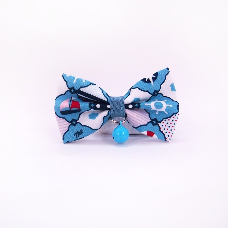 海军款 蝴蝶结宠物装饰项圈 猫咪 小型犬 迷你犬 - 项圈/牵绳 - 棉．麻 蓝色