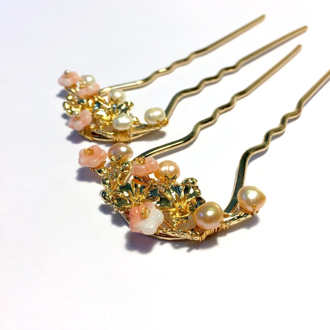 【若桑】【花言花语】樱花。天然珍珠发簪。西洋古董风发簪。 - 发饰 - 珍珠 粉红色