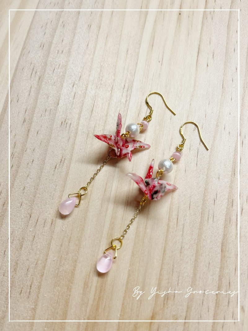 绯红鹤鸣珍珠月亮石耳环 - 耳环/耳夹 - 其他材质 粉红色