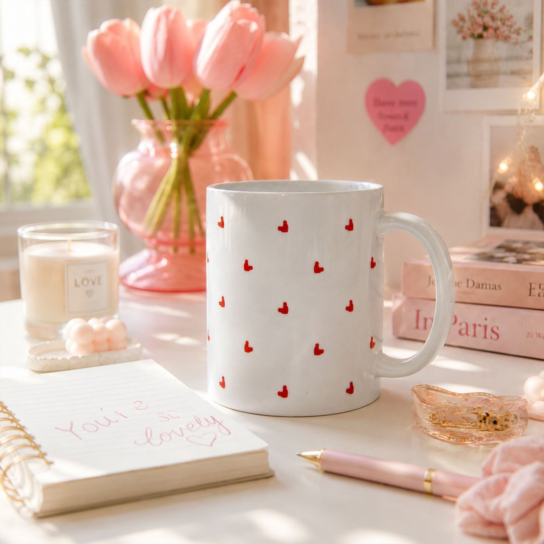 Heart Confetti Mug 小爱心满天飞马克杯 - 咖啡杯/马克杯 - 陶 白色