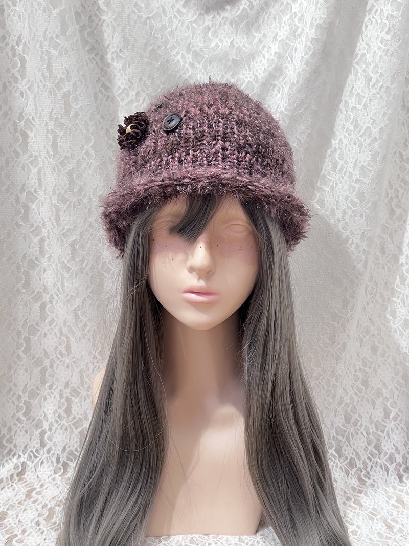 粉棕色花卉针织帽 | 复古风花朵毛线帽 | 手工制作的舒适保暖帽 - 帽子 - 其他材质 卡其色