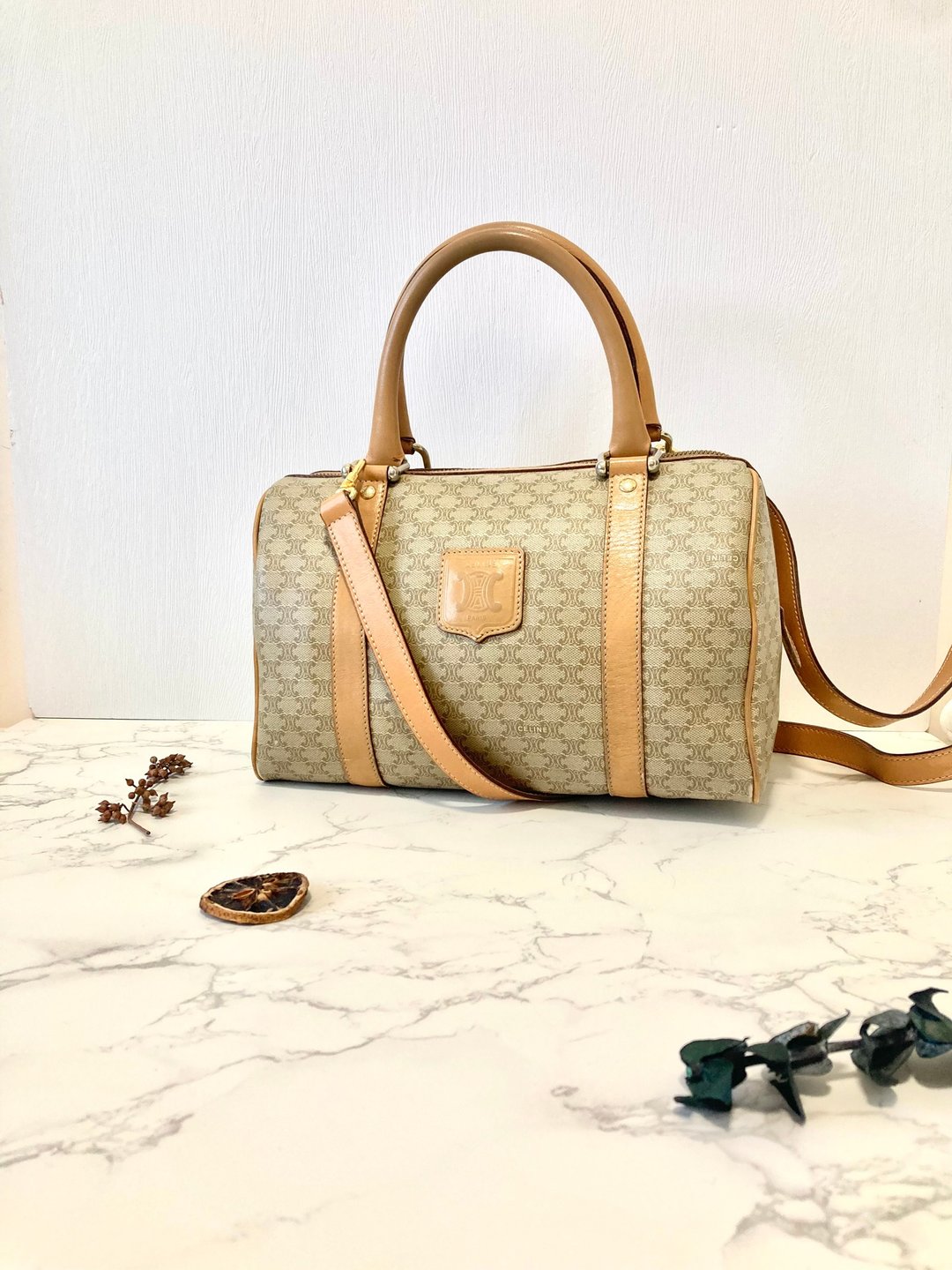 中古二手 Celine 老花波士顿包 侧孭包 斜背包 单肩包 侧背包 斜背 - 侧背包/斜挎包 - 真皮 咖啡色