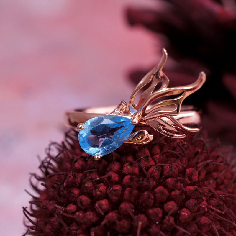 小金鱼 - 蓝托柏石 纯银 电 18K玫瑰金 戒指 - 戒指 - 宝石 蓝色