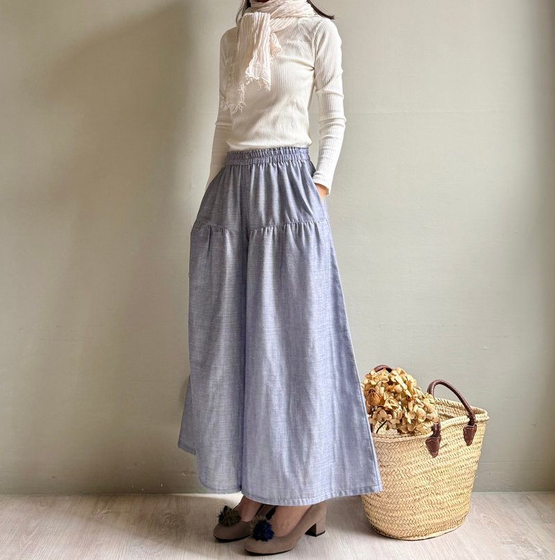 航向远方/单宁色系双层棉纱剪接小细折中长宽裤裙纯棉 - 女装长裤 - 棉．麻 