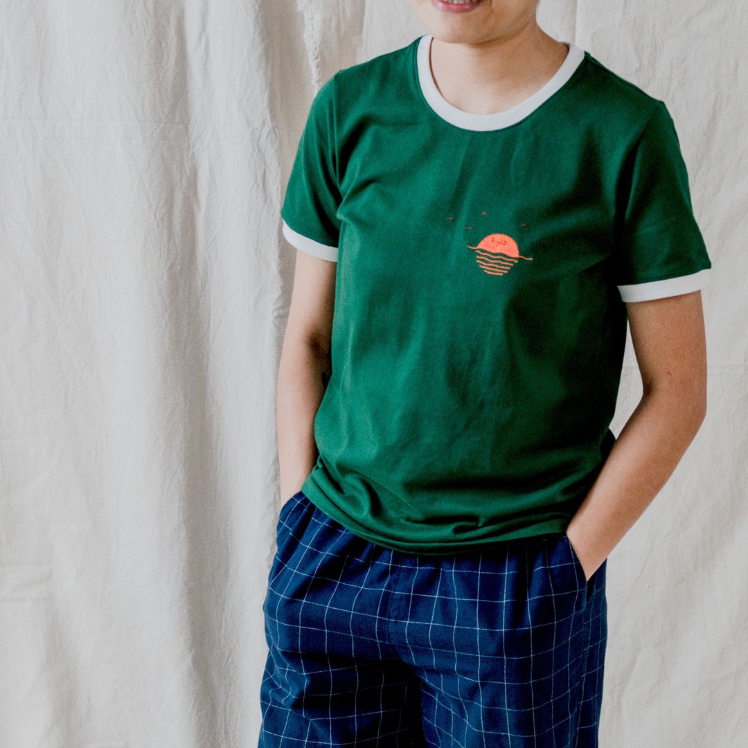 海平在线的夕阳 - 滚边T-shirt - 中性连帽卫衣/T 恤 - 棉 绿色