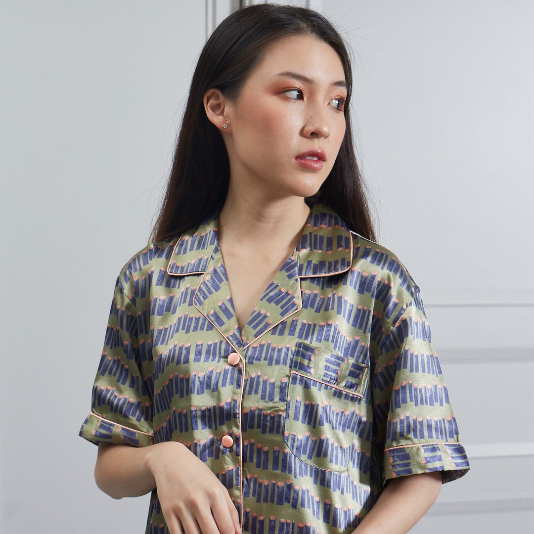 Vana 缎面睡衣组 短袖七分裤 条纹款 - 居家服/睡衣 - 其他材质 绿色