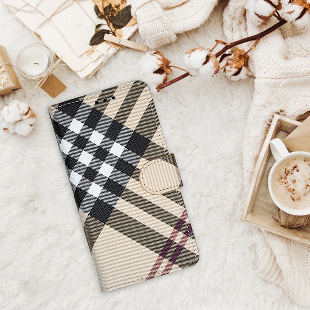 Aguchi Samsung Note10+/Note20 5G 英伦格纹手机皮套-米色格纹 - 手机壳/手机套 - 人造皮革 卡其色